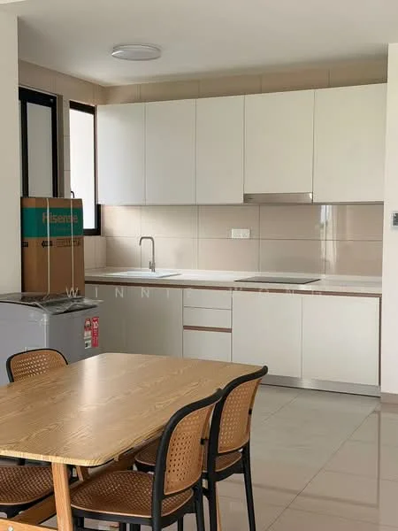 Kitchen features: white flat-panel cabinets, stainless-steel sink, chrome pull-down faucet, white quartz countertop, ceramic tile backsplash, built-in oven, freestanding range oven, refrigerator, dining table with wooden surface, 4 rattan dining chairs, light-colored tile flooring, recessed downlights, window with black frame; style: modern.
