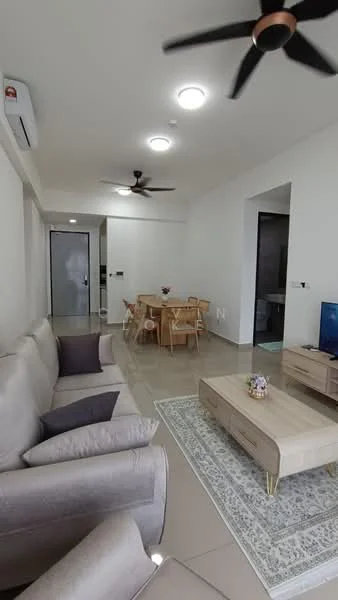 Living features: 3-seater fabric sofa in light grey, 2 accent pillows in dark grey, coffee table with wooden surface, area rug with geometric pattern, wall-mounted TV, ceiling fan with light, recessed downlights, wall-mounted air conditioning unit, tile flooring in beige, neutral painted walls; style: modern. Dining features: 6-seater wooden dining table, wooden dining chairs, decorative vase on table; style: modern.