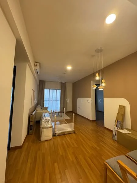 Living features: laminate flooring, cream painted walls, grey accent wall, 5-blade ceiling fan, recessed downlights, pendant lamps, sofa, coffee table, TV console, area rug; style: modern.