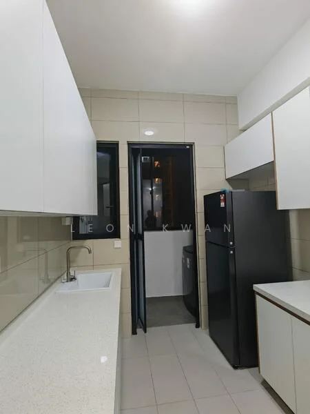 Kitchen features: white cabinetry, granite countertop, single-bowl stainless-steel sink, chrome pull-down faucet, black fridge, built-in oven, ceramic tile flooring, wall-mounted cabinets, window with black frame, light fixture, neutral wall tiles; style: modern.