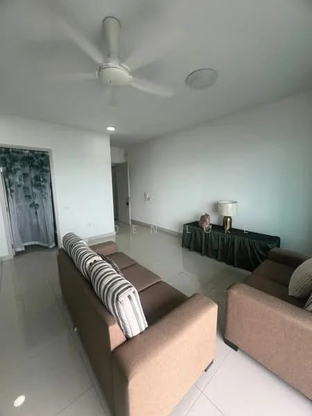 Living features: 2-seater fabric sofa in beige, 3-seater fabric sofa with striped cushions, coffee table, wall-mounted TV console, ceiling fan, recessed lighting, white painted walls, glossy tile flooring; style: modern.
