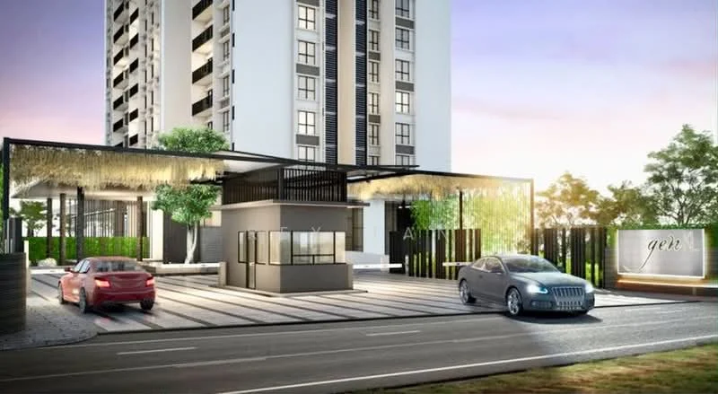 Exterior type: high-rise condominium; features: modern facade with glass and concrete, double-volume main lobby, landscaped entrance with greenery, security guard house at entrance, paved driveway, signage with the name 'gerl', surrounded by manicured landscaping, car parking area, two vehicles visible in driveway, feature lighting at night; style: modern.