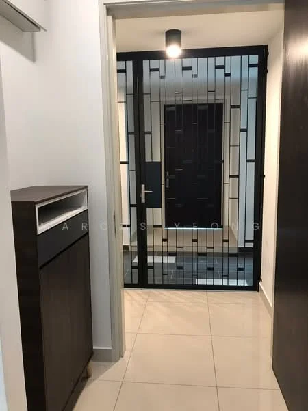 Room features: white walls, light-colored tiled flooring, black security gate, modern light fixture, wooden console table, door with modern handle, minimalist design; style: modern.