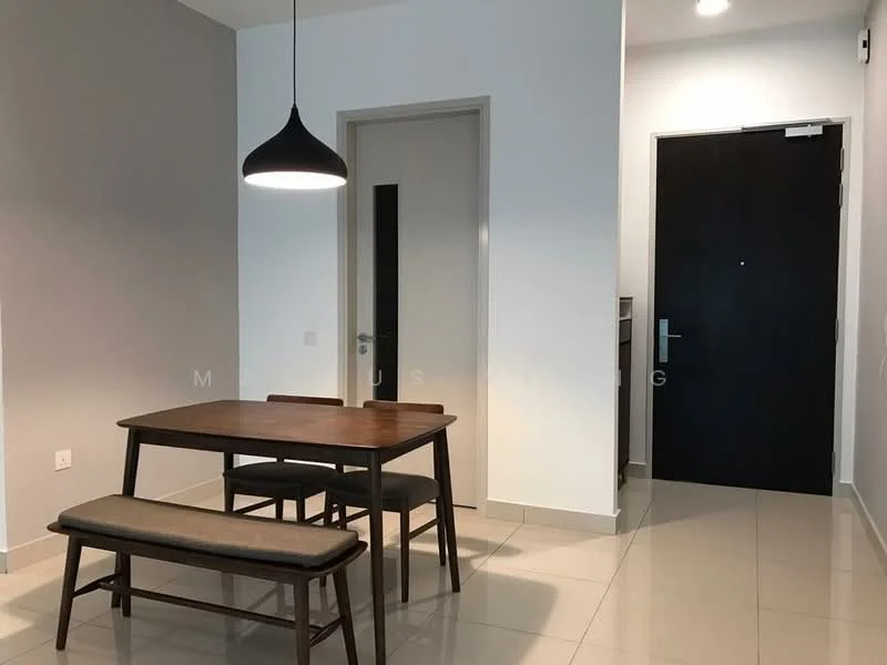 Dining features: wooden dining table, 4 dining chairs, bench seating, pendant light fixture, white painted walls, grey accent wall, glossy tile flooring, doorway to hallway, main entrance door; style: modern.
