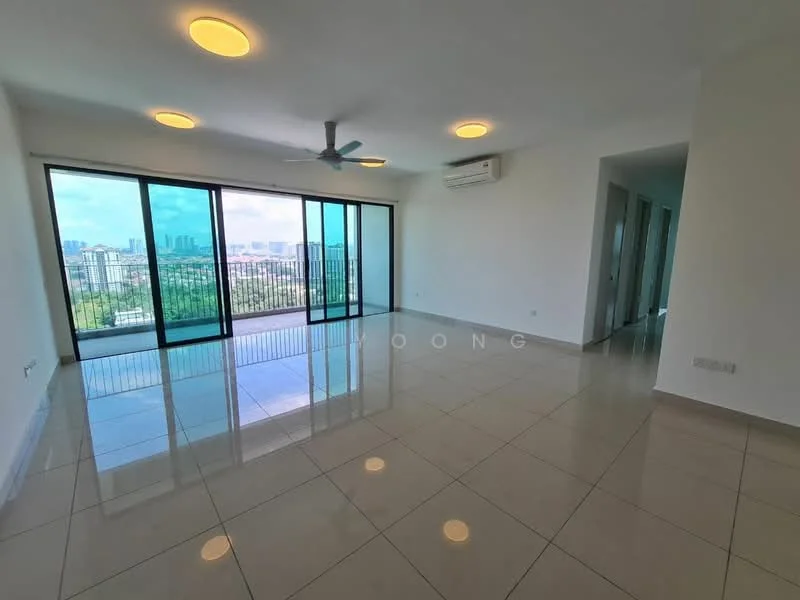 Living features: large floor-to-ceiling windows, sliding glass door, white painted walls, polished ceramic tile flooring, 5-blade ceiling fan, recessed downlights, air conditioning unit, open layout, balcony access, city view; style: modern; view: city.