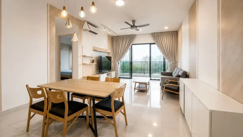 Living features: sofa in grey fabric, 3-seater sofa, wooden coffee table, TV console, wall-mounted TV, dining table with 6 chairs, ceiling fan with light, recessed downlights, floor-to-ceiling windows, curtains in light grey, marble tile flooring, decorative wall paneling, open layout, access to balcony with city view; style: modern; view: city.