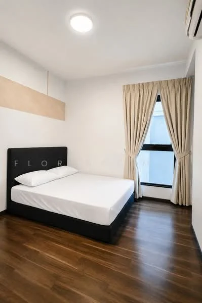 Bedroom features: queen-size bed, upholstered headboard, wooden flooring, white painted walls, curtains, floor-to-ceiling window, ceiling light, air conditioning unit; style: modern.
