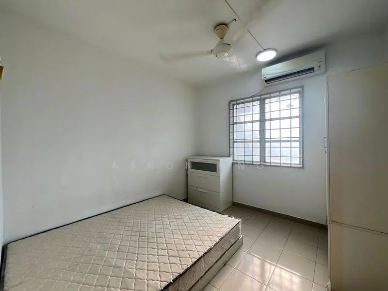 Bedroom features: white painted walls, tile flooring, ceiling fan, 1 wall-mounted split AC, window with grid pattern, empty mattress base, built-in wardrobe, light fixture.