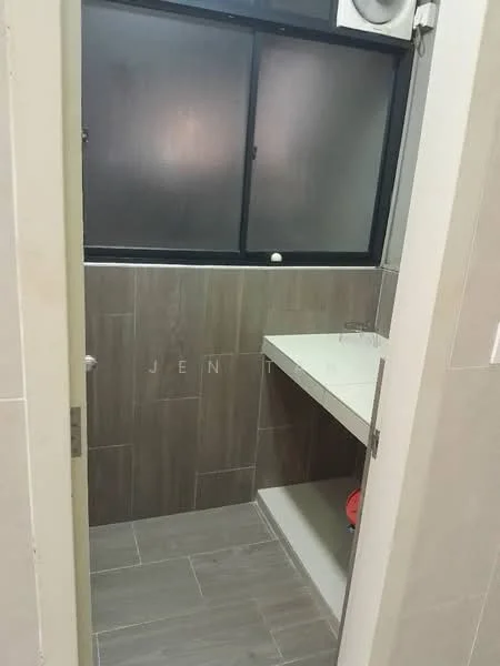 Bathroom features: grey ceramic tile flooring, grey tiled walls, white countertop, single-bowl sink, chrome faucet, frosted glass window, built-in shelf, wall-mounted mirror; style: modern.