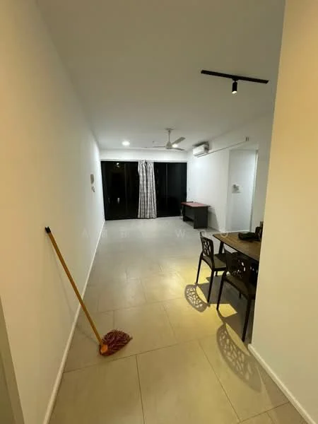 Living features: white painted walls, tile flooring, 5-blade ceiling fan, wall-mounted split AC, floor-to-ceiling windows, sliding glass door, curtains, dining table with chairs, mop, light fixture on ceiling; style: modern.