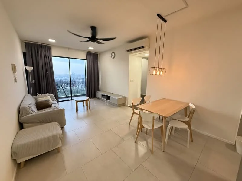 Living features: 3-seater fabric sofa in light grey, coffee table, TV console, wall-mounted TV, area rug, 5-blade ceiling fan with light, floor-to-ceiling windows with city view, curtains, light-colored tiled flooring, wall clock, decorative wall art; style: modern; view: city. Dining features: 4-seater dining table, wooden dining chairs, pendant lighting above table; style: modern.