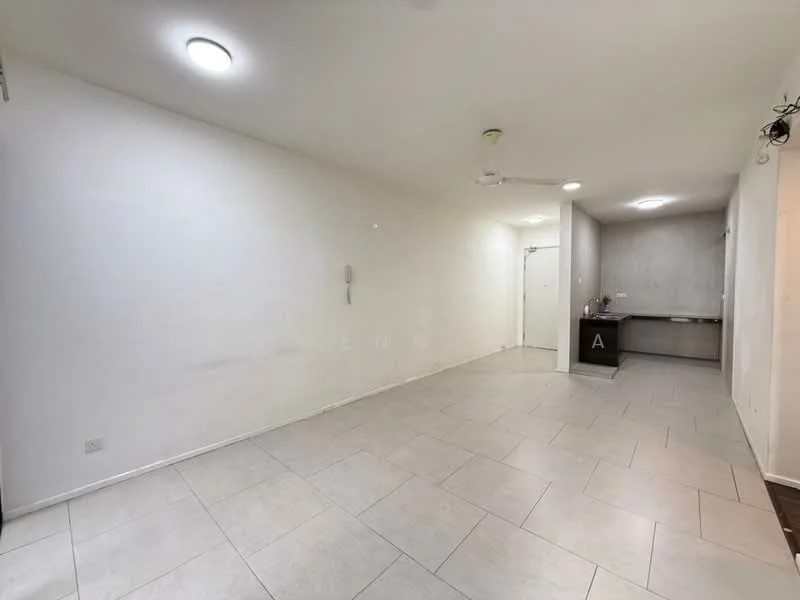 Room features: white painted walls, tile flooring, recessed ceiling lights, ceiling fan, open layout, utility area with countertop, doorway leading to another room, no visible furniture; style: modern.