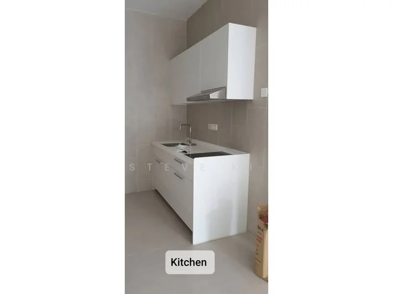 Kitchen features: white cabinetry, single-bowl stainless-steel sink, chrome pull-down faucet, white countertop, wall-mounted range hood, light beige tiled walls, light grey tile flooring, built-in oven, open shelving above countertop; style: modern.