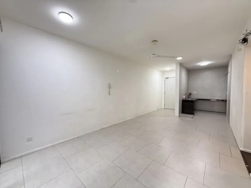 Room features: white painted walls, tile flooring, ceiling lights, ceiling fan, open layout, utility area with countertop, doorway leading to another room, no visible furniture; style: minimalist.