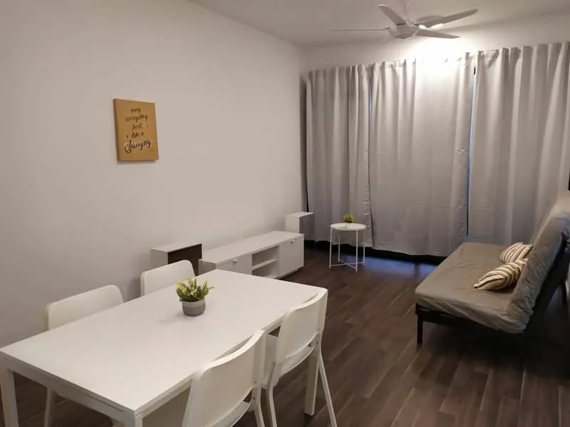 Living features: white painted walls, laminate flooring, 5-blade ceiling fan, sofa bed, white dining table, 4 white dining chairs, TV console, decorative wall art, grey curtains, small side table, decorative plant; style: modern.