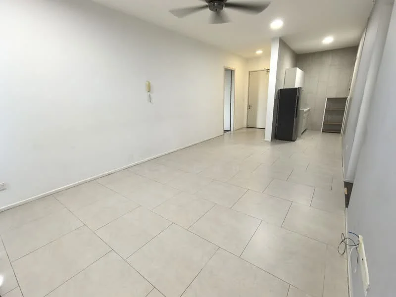 Living features: white painted walls, tile flooring, 5-blade ceiling fan, recessed downlights, open layout, large windows, neutral color scheme, space for furniture arrangement; style: modern. Kitchen features: stainless-steel fridge, kitchen cabinetry, countertop, open shelving, tile backsplash; style: modern.
