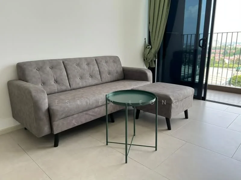 Living features: grey fabric 3-seater sofa, matching ottoman, green side table, floor-to-ceiling windows, curtains in green, tile flooring, neutral wall colour, balcony access; style: modern; view: city.