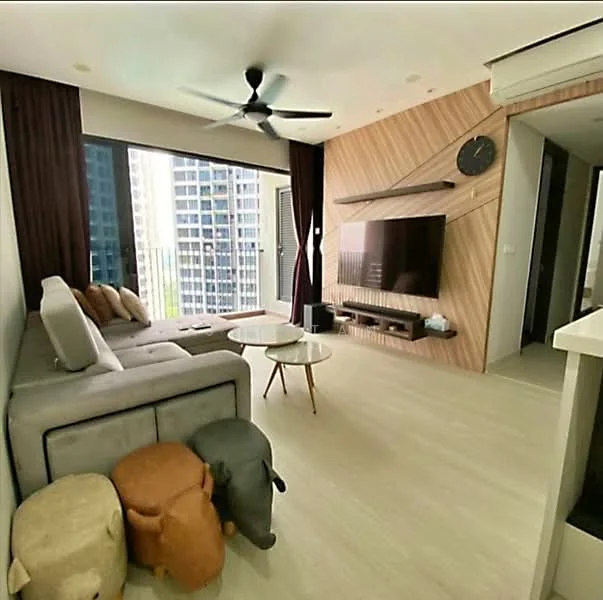 Living features: L-shape sectional sofa in grey, 2 round coffee tables with white tops, wall-mounted TV, wooden feature wall, ceiling fan with light, floor-to-ceiling windows, curtains in dark brown, light-colored flooring, decorative wall clock; style: modern; view: city.