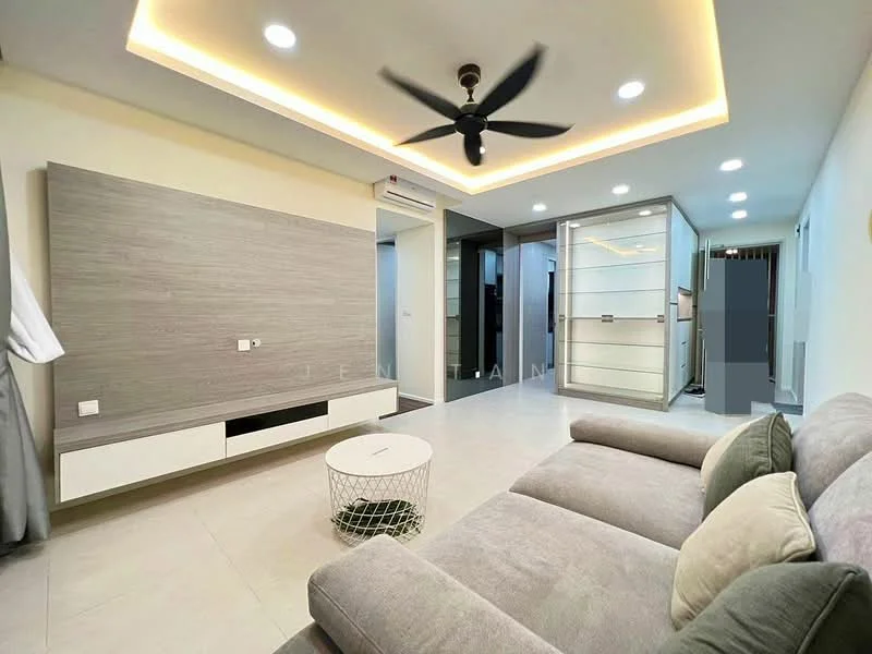Living features: 3-seater fabric sofa in grey, ceiling fan with light, recessed LED downlights, wall-mounted TV console, light-coloured wall with wood paneling, white painted walls, tile flooring, decorative coffee table, open layout to hallway, built-in cabinets, air conditioning unit; style: modern.
