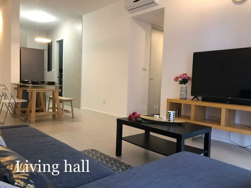 Living features: grey fabric sofa, wooden coffee table, TV console, wall-mounted TV, decorative flowers in vase, light-colored walls, tile flooring, air conditioning unit, open layout to kitchen, area rug with geometric pattern; style: modern.