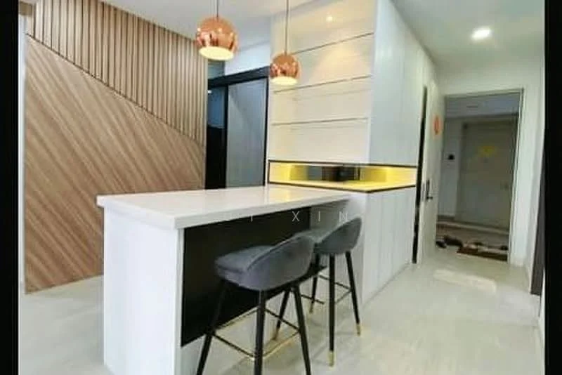 Kitchen features: white quartz countertop, black base cabinetry, wood panel accent wall, two pendant lights with copper finish, bar seating with black upholstered stools, built-in cabinetry with yellow backlighting, ceramic tile flooring, recessed ceiling lights; style: modern.