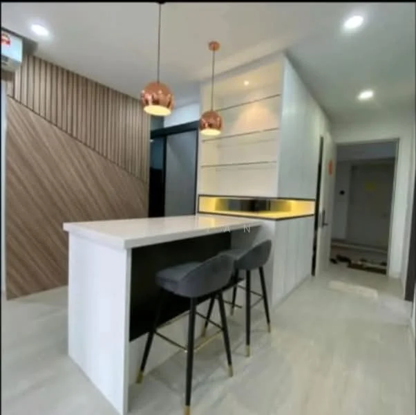Kitchen features: white cabinetry, black accent cabinetry, marble countertop, kitchen island with seating, two bar stools, pendant lighting, recessed downlights, wood panel accent wall, grey tile flooring, open layout; style: modern.