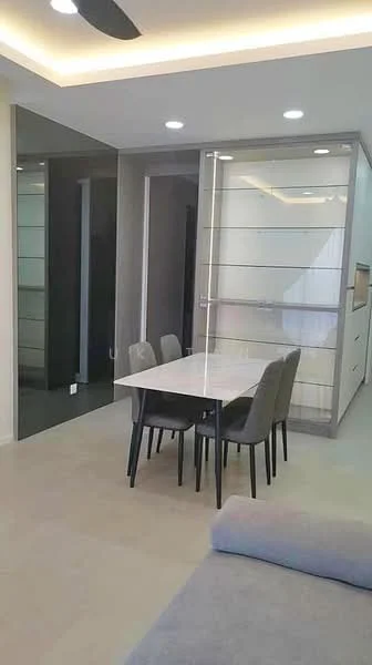 Dining features: 4-seater dining table with white top, grey upholstered dining chairs, recessed ceiling lights, light-coloured walls, smooth flooring, glass partition wall, open layout, ceiling fan; style: modern. Room features: dark wall, doorway leading to another room.