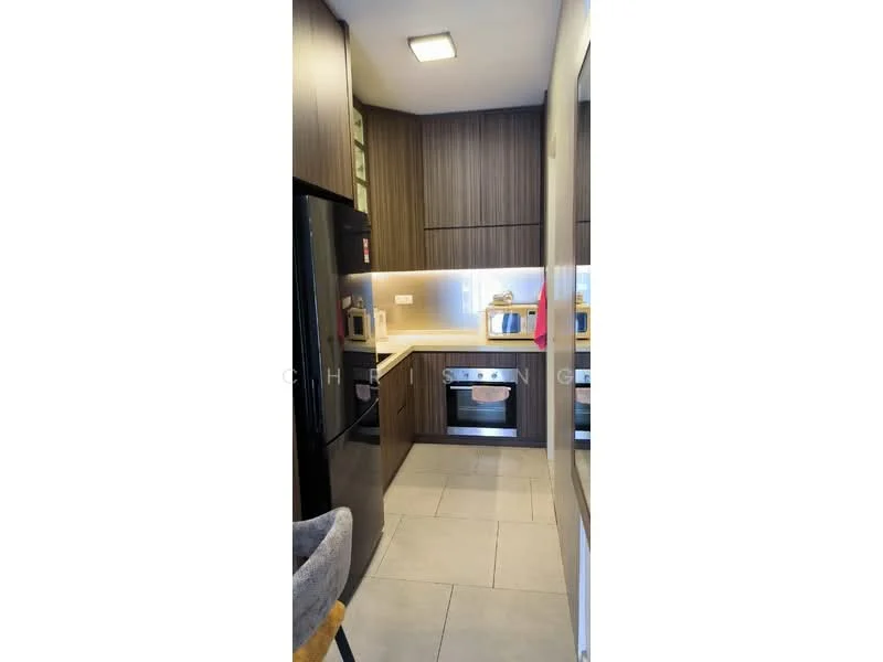 Kitchen features: dark wood cabinetry, white countertop, built-in oven, stainless-steel fridge, ceramic tile flooring, recessed LED downlights, kitchen island, backlit countertop, microwave, kettle; style: modern.