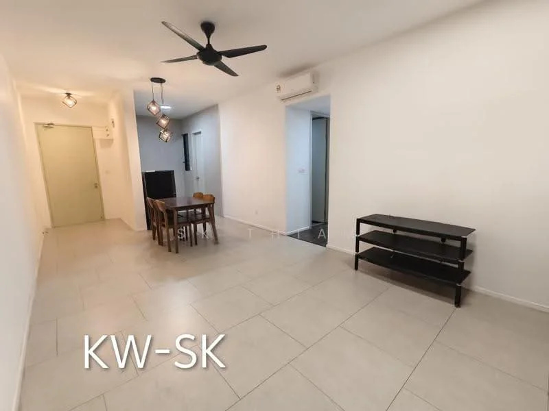 Living features: white painted walls, tile flooring, 5-blade ceiling fan, recessed LED downlights, dining table with four chairs, black TV console, wall-mounted TV, open layout, air conditioning unit; style: modern.
