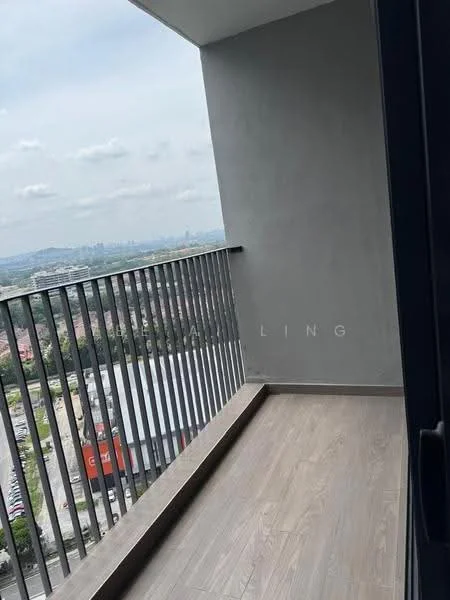 Room features: grey painted walls, wood-look tile flooring, balcony railing, city view, outdoor space; style: modern; view: city.