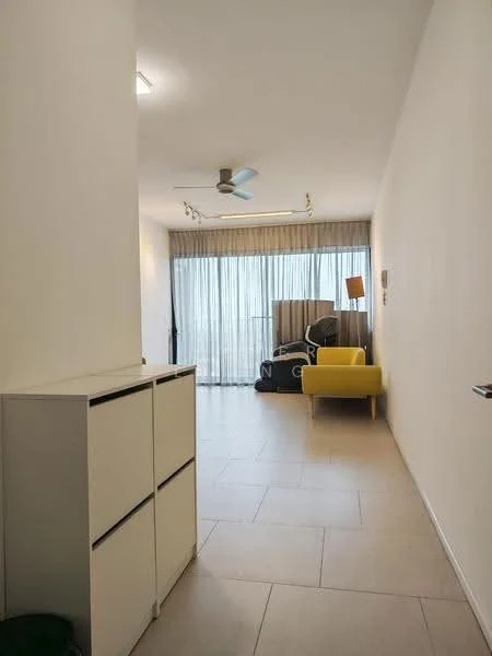 Living features: white painted walls, tile flooring, 5-blade ceiling fan with light, floor-to-ceiling windows with sheer curtains, yellow accent chair, open shelving unit, recessed lighting, neutral color palette; style: modern; view: city.