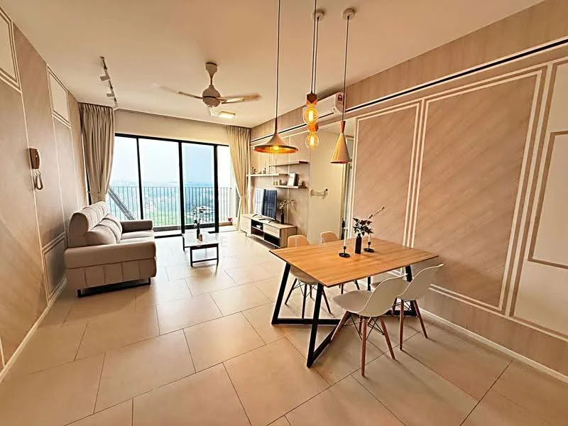 Living features: 3-seater fabric sofa in light grey, ceiling fan with light, wall-mounted TV, TV console, pendant lighting, large sliding glass door, floor-to-ceiling windows, light wood paneling on walls, cream tiled flooring, decorative wall molding, area rug, coffee table, decorative plants in vases; style: modern; view: city. Dining features: 4-seater dining table with wooden top, white dining chairs, pendant lamp above table; style: modern; view: city.