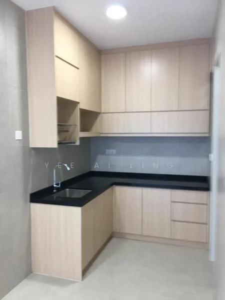 Kitchen features: light wood cabinetry, black countertop, single-bowl stainless-steel sink, chrome pull-down faucet, built-in oven, ceramic tile backsplash, under-cabinet lighting, open shelving, wall-mounted cabinets, floor tiles, neutral wall color; style: modern.