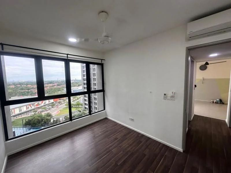 Room features: laminate flooring, white painted walls, ceiling fan, floor-to-ceiling windows, blackout curtains, city view, air conditioning unit, light fixtures; style: modern; view: city.
