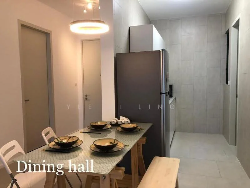 Dining features: dining table with patterned surface, 4 white chairs, grey walls, pendant light fixture, wooden bench, stainless-steel fridge, kitchen area visible in background, ceramic tile flooring; style: modern.