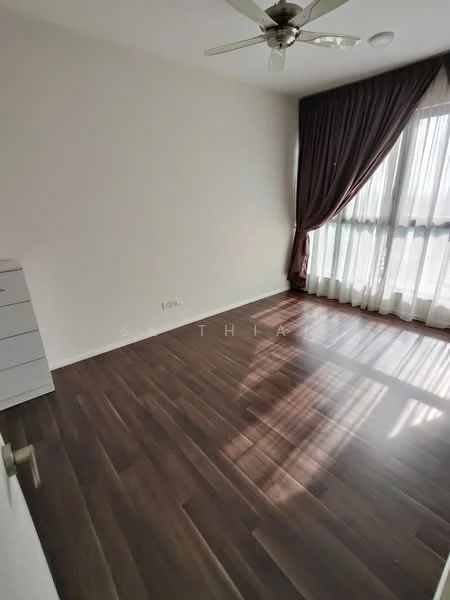 Bedroom features: wooden flooring, white painted walls, floor-to-ceiling windows, sheer curtains, dark brown curtains, 5-blade ceiling fan, built-in wardrobe, natural light from windows; style: modern.