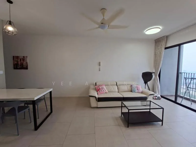 Living features: cream leather sofa, glass coffee table, ceiling fan, recessed ceiling light, floor-to-ceiling windows, sliding glass door, light-colored tiled flooring, decorative wall art, curtains, open layout to dining area; style: modern; view: city.