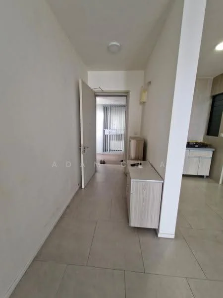 Room features: white painted walls, light grey tiled flooring, ceiling light fixture, wooden console table, door leading to balcony, sliding glass door, window with sheer curtains; style: modern.