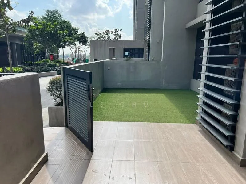 Exterior features: manicured lawn, concrete pathway, grey painted walls, sliding glass door, landscaped area, modern architectural elements; style: modern.