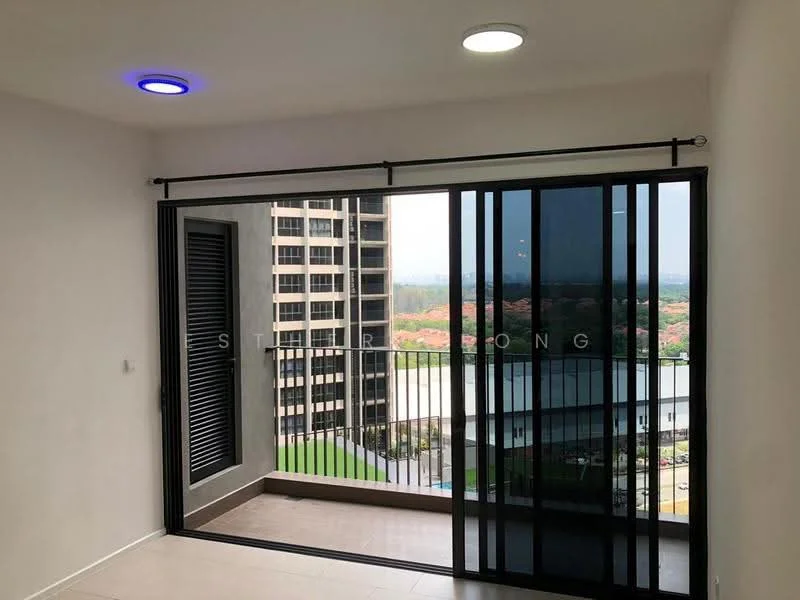 Room features: floor-to-ceiling sliding glass door, black metal window frames, white painted walls, light-colored tile flooring, recessed downlights, curtain rod, balcony view of landscaped area, city skyline view; style: modern; view: city.