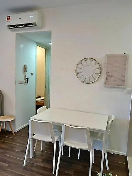 Dining features: white dining table, 4 white dining chairs, wall-mounted air conditioning unit, wooden flooring, decorative wall mirror, framed artwork on wall, light-colored walls, doorway leading to another room; style: modern.