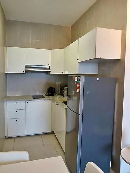 Kitchen features: white cabinetry, grey countertop, stainless-steel fridge, built-in oven, 4-burner gas hob, kitchen sink, tile backsplash, ceramic tile flooring, under-cabinet lighting, coffee machine, kettle; style: modern.