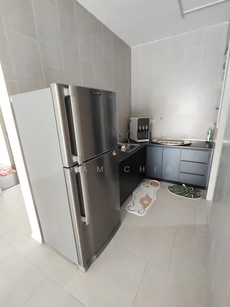 Kitchen features: stainless-steel fridge, grey cabinetry, single-bowl stainless-steel sink, chrome pull-down faucet, ceramic tile flooring, light grey tiled walls, countertop with backsplash, kitchen mat with floral design; style: modern.