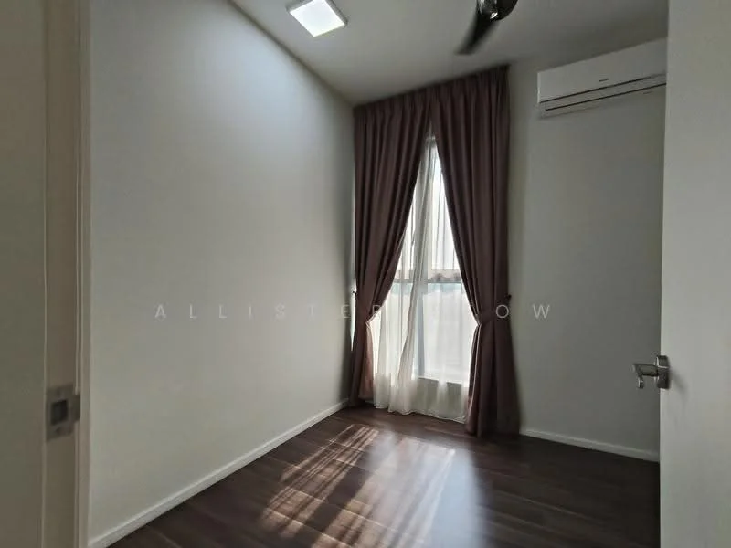 Room features: white painted walls, laminate flooring, ceiling fan, floor-to-ceiling window, sheer curtains, dark brown curtains, wall-mounted split AC.