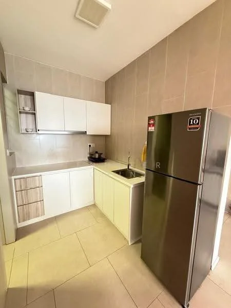 Kitchen features: white shaker cabinets, grey laminate countertop, stainless-steel sink, chrome pull-down faucet, built-in wall shelves, freestanding stainless-steel fridge, ceramic tile flooring, light grey tiled walls, recessed downlights; style: modern.