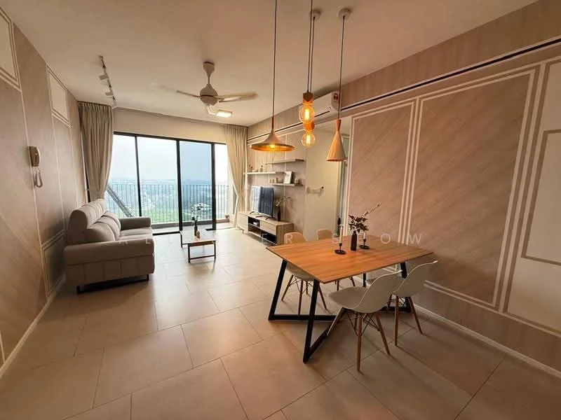Living features: 3-seater fabric sofa in light grey, coffee table, TV console, wall-mounted TV, pendant lighting, 5-blade ceiling fan with light, large sliding glass door, floor-to-ceiling windows, tile flooring, decorative wall paneling, dining table with 4 chairs, area rug; style: modern; view: city.