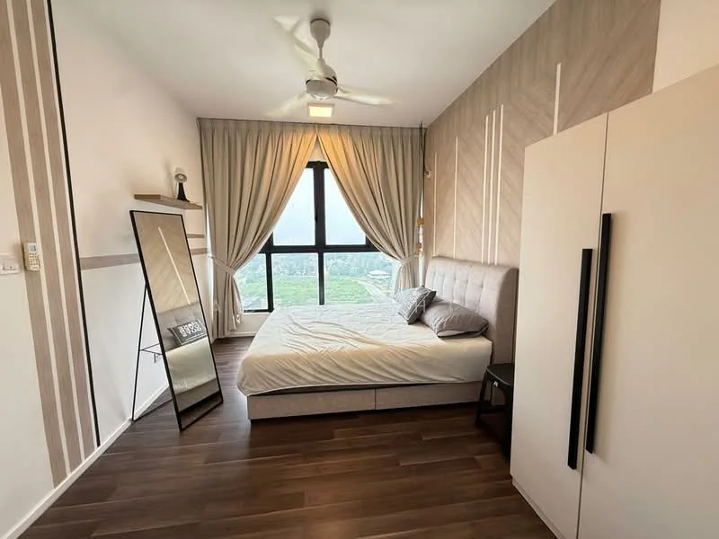 Bedroom features: king-size bed, upholstered headboard, bedside lamps, floor-to-ceiling windows, sheer curtains, wooden flooring, decorative mirror, built-in wardrobe, ceiling fan with light, wall-mounted decor, accent wall with vertical stripes; style: modern; view: city.