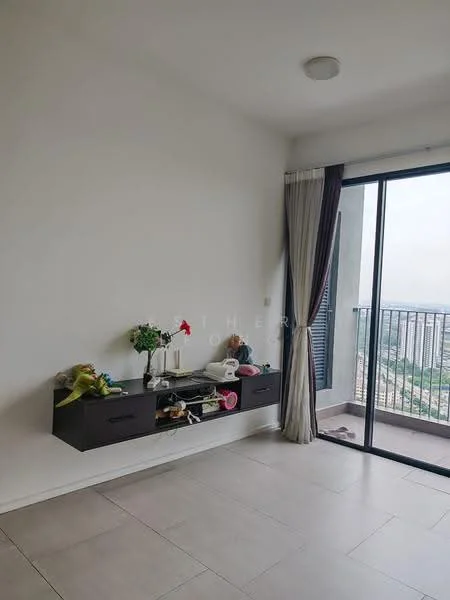 Room features: white painted walls, large sliding glass door, floor-to-ceiling windows, grey floor tiles, curtains, wall-mounted shelf, decorative plants, city view; style: modern; view: city.