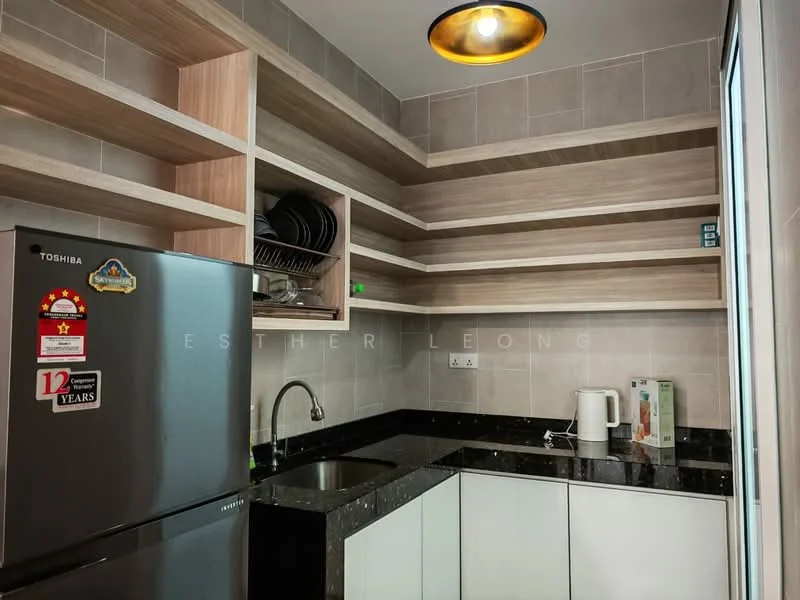 Kitchen features: black granite countertop, single-bowl stainless-steel sink, chrome pull-down faucet, stainless-steel fridge, built-in microwave, white kettle, open shelving, tile backsplash, light fixture with pendant design, grey tiled walls, wood cabinetry; style: modern.