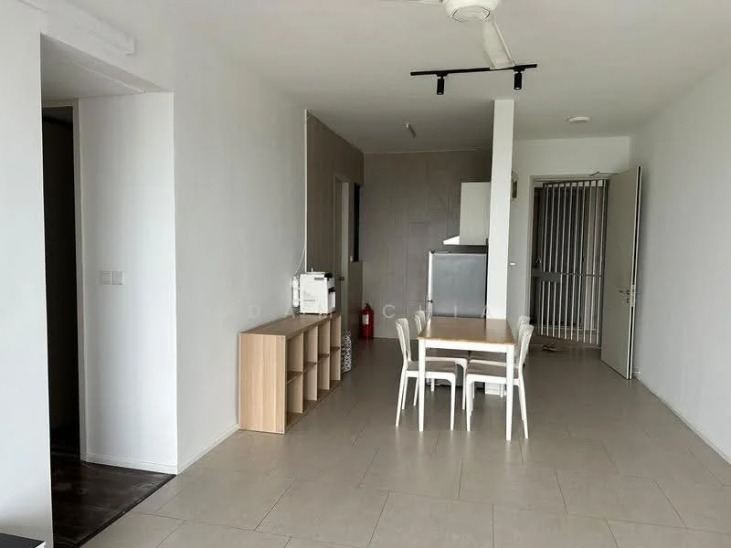 Dining features: white walls, tile flooring, dining table with four chairs, open shelving unit, ceiling fan, kitchen area visible, grey accent wall, fire extinguisher visible; style: modern. Room features: white walls, tile flooring, doorway leading to hallway, door leading to kitchen area.